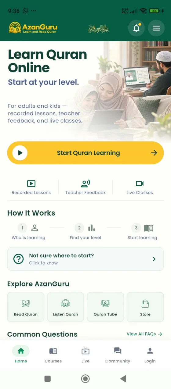 AzanGuru Quran learning home screen for new learners