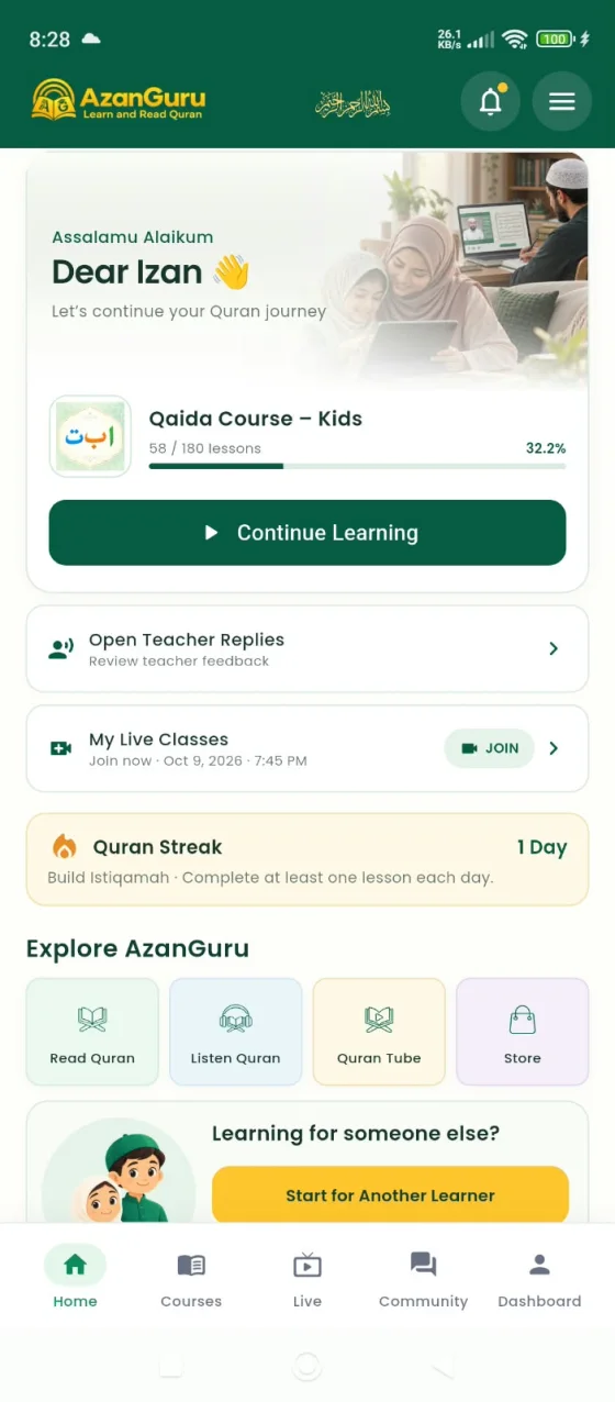 AzanGuru personalized learner home with course progress